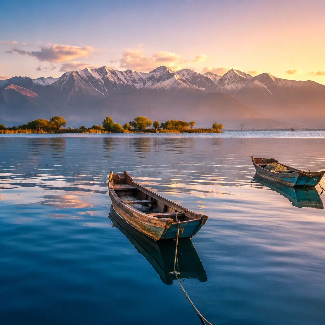 Erhai Lake with Cangshan Mountains backdrop at sunrise, Dali