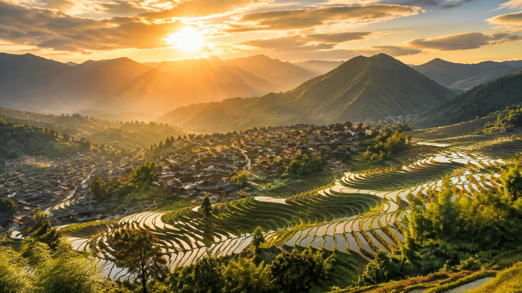 Yunnan province dramatic landscape with mountains and terraced fields at sunrise