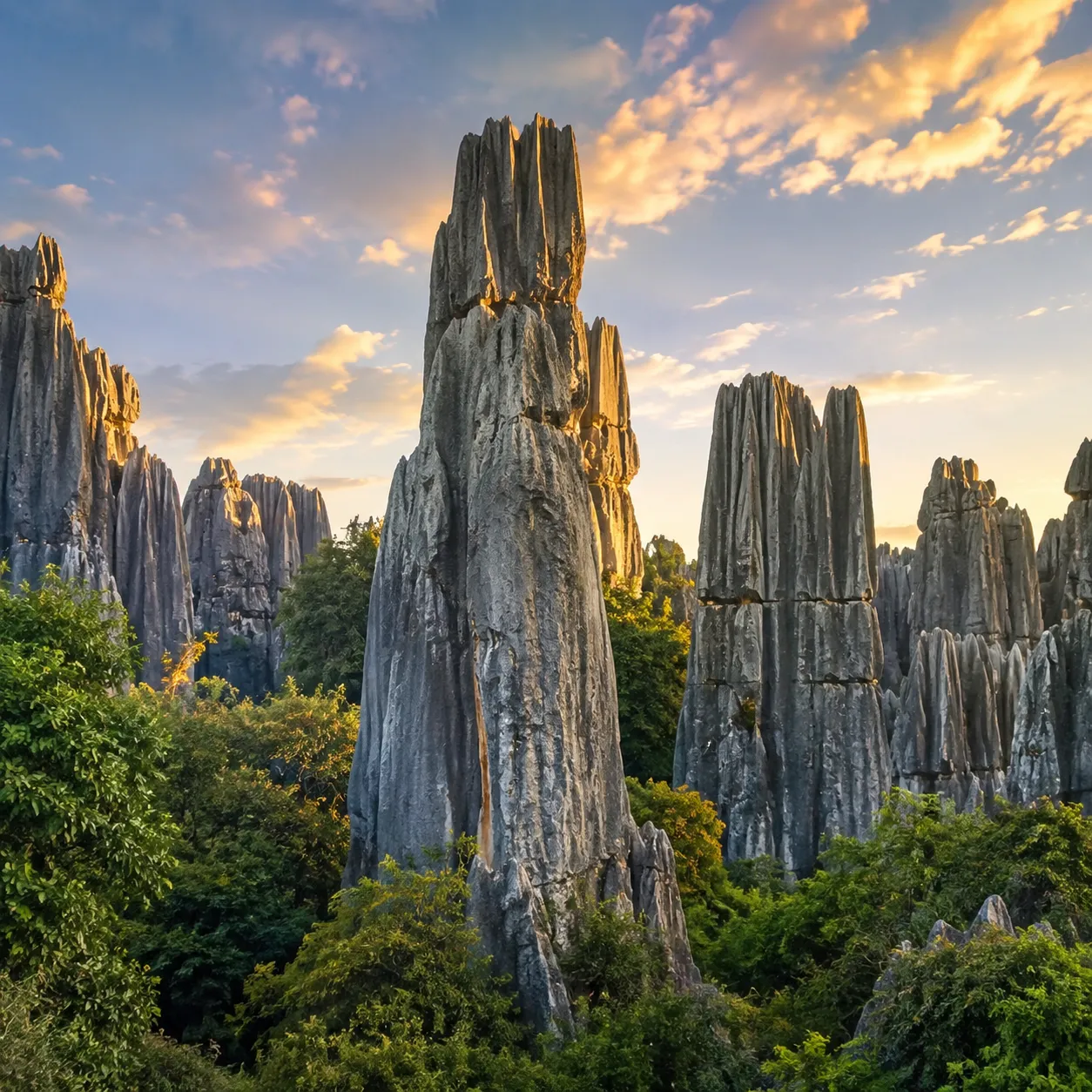 Stone Forest limestone karst formations at sunrise, Kunming