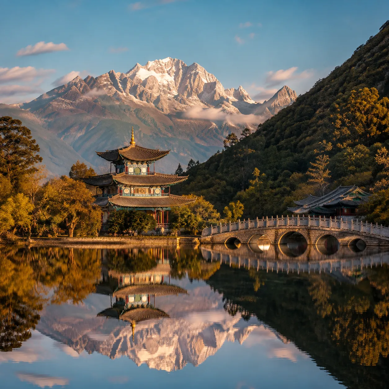 Black Dragon Pool reflecting Jade Dragon Mountain with Moon Embracing Pavilion