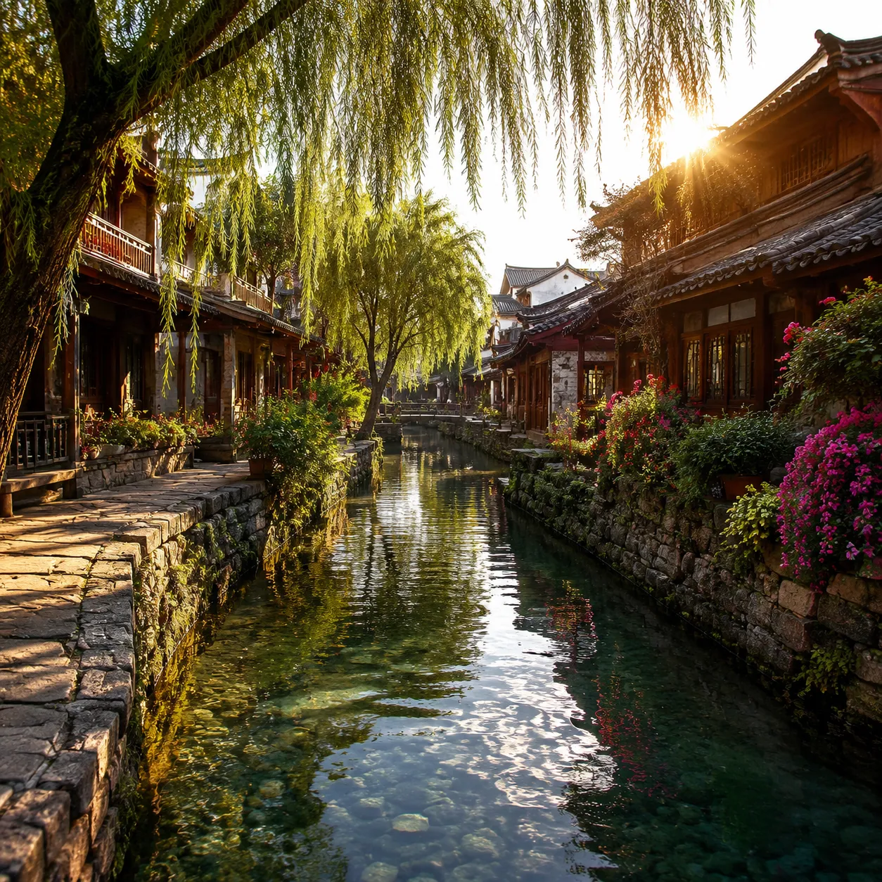 Lijiang Old Town canals with stone bridges and traditional Naxi houses