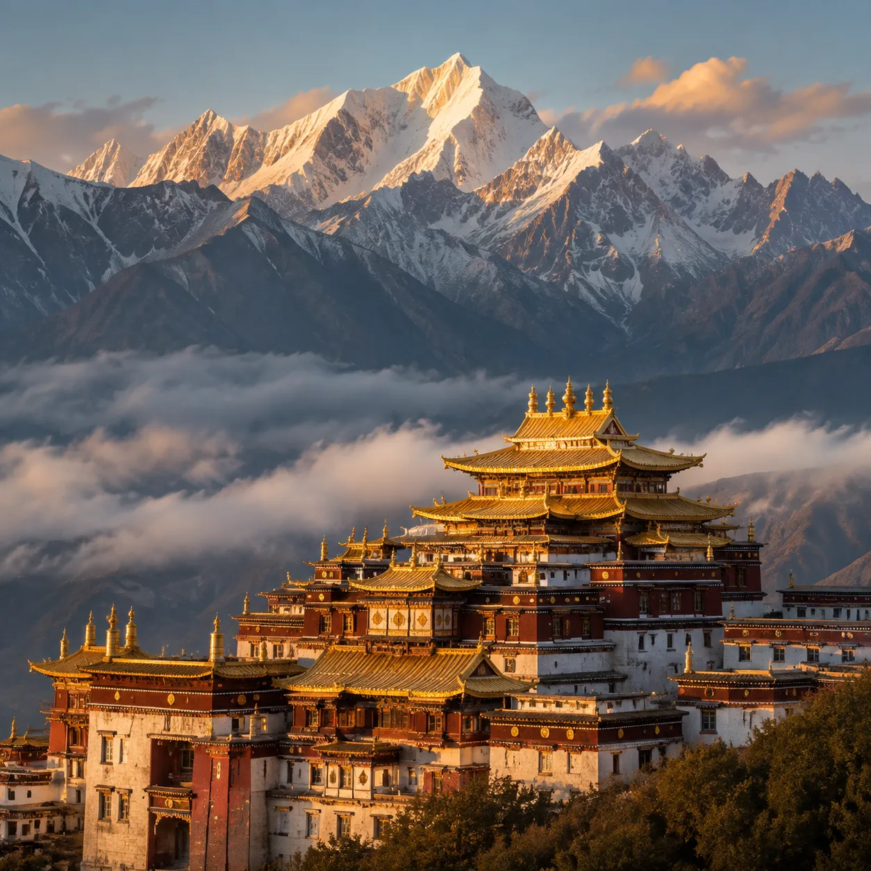 Songzanlin Monastery golden roofs against Tibetan Plateau sky