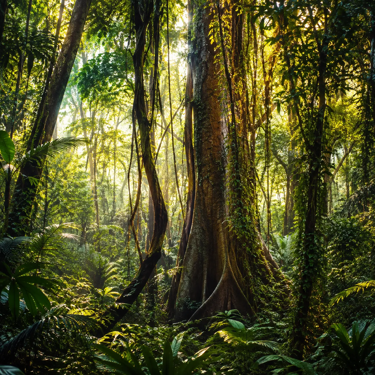 Misty tropical rainforest canopy in Xishuangbanna